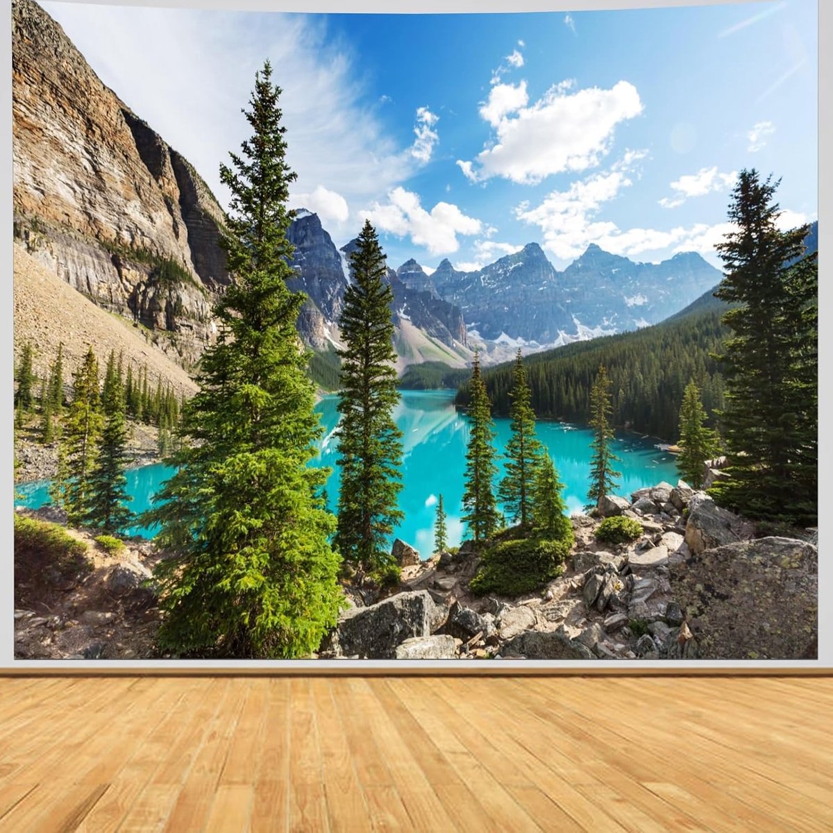 Wandtapijt Bergen, Muurdoek Bomen Wandtapijten Meer Wandtapijt Berglandschap met Water Muur Opknoping Bos Groen Blauwe Hemel Wolken Dennenboom 240x220cm