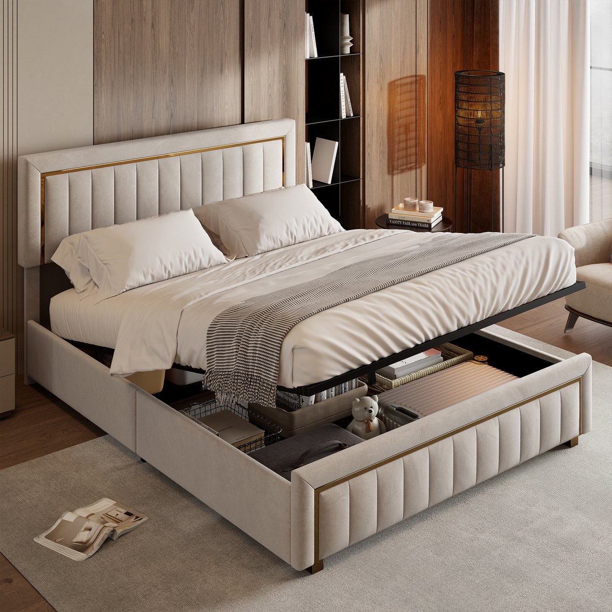 Fluwelen Opbergbed 180x200 Beige – Luxe Gestoffeerd Bed met Gouden Details – Extra Groot Tweepersoonsbed met Liftfunctie & Lattenbodem