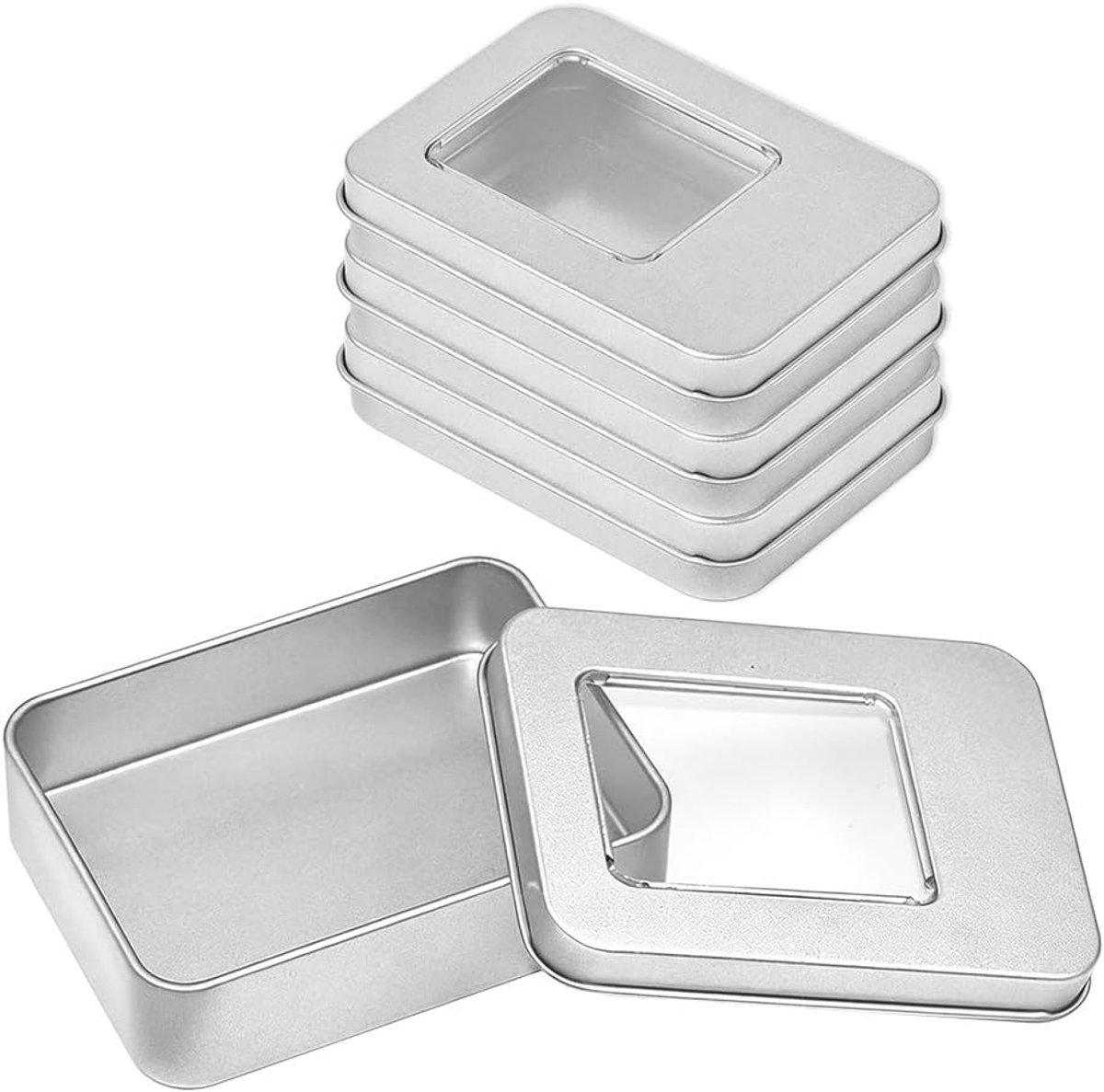 4 Stuks Zilveren metalen blik, voor sleutel, Snoep, Zilver | 110×80×23mm,Blik,met kijkvenster,Duurzaam,Lekvrij,Lichtgewicht,Gemakkelijk mee te nemen,voor opbergen van kleine voorwerpen