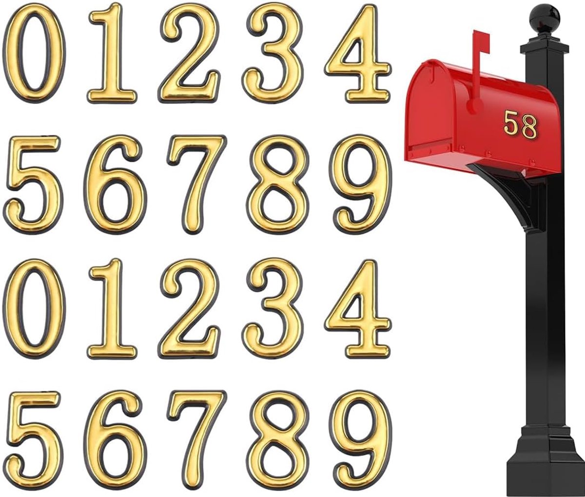 20 stuks brievenbusnummers, goud 0-9, huisnummer, kleefcijfers, weerbestendig, kleefcijfers, brievenbus, nummer stickers voor woning, appartement, kantoor