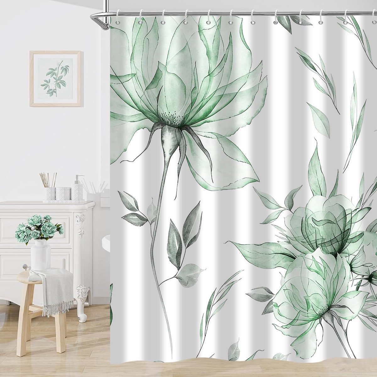 Douchegordijn, aquarelbloemen, 180 x 200 cm, groen, boho, bloemen, bladeren, modern, minimalistisch, esthetische kunst, waterdicht, polyester stof, wasbaar, badkamergordijn met haken