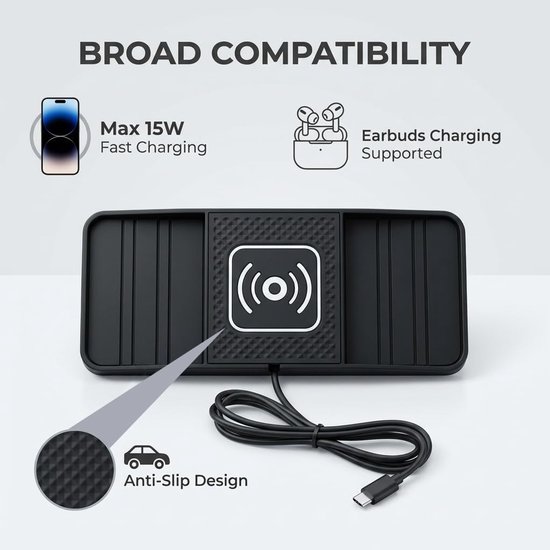 15W Snelle Inductielader voor de Auto USB-C Draadloze Autolader met Design met Dubbele Uitsparing Antislip Snel Oplaadmat met Type-C Kabel 1M voor iPhone 17 16 15 14 13 12 11 X Samsung — afbeelding 3