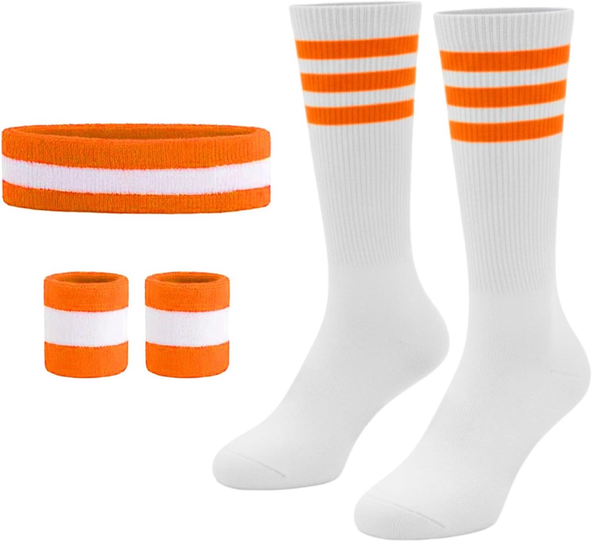 Zweetband en sokken, jaren 80 en 90, zweetband, gestreepte hoofdband, armband, gestreepte hoge sokken voor dames en heren, sport, hardlopen, fietsen, carnaval, kostuums, feest