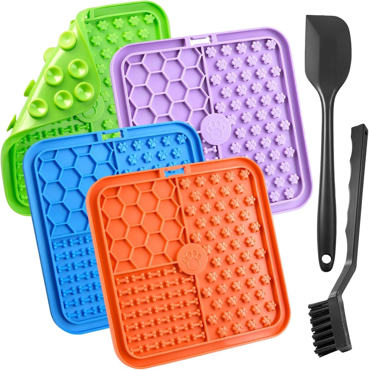 Matten voor honden en katten, 15,5 x 17 cm, likmat voor honden, katten, huisdieren, met zuignappen, voor bad, training, verzorging, met 1 borstel, 1 schraper