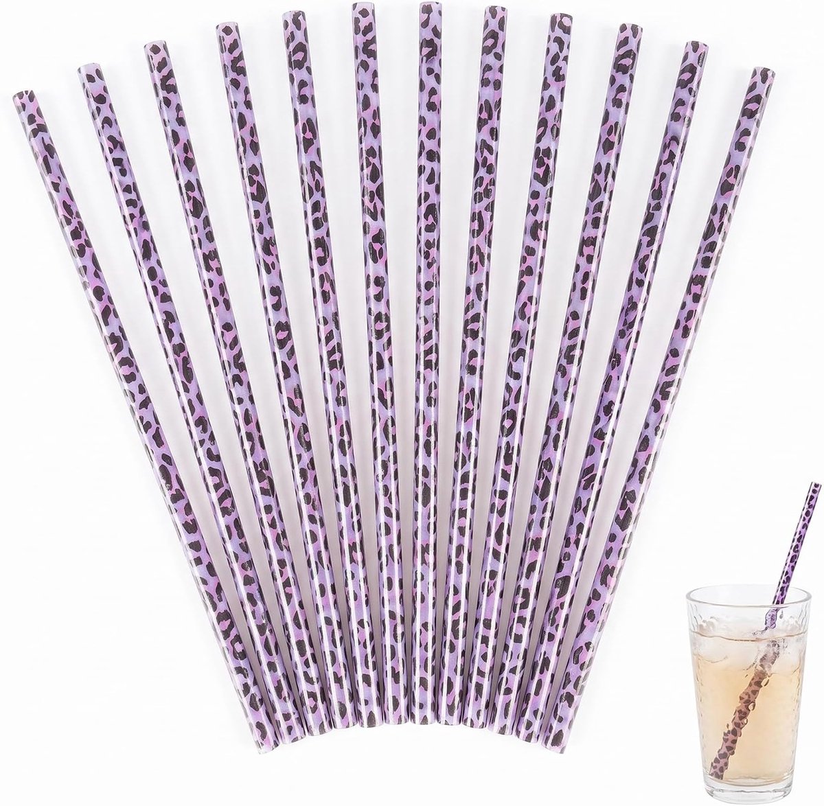 Herbruikbare rietjes met paarse luipaardprint, 23 cm lang, BPA-vrij PP-kunststof, ideaal voor cocktails, smoothies, sappen en feesten, duurzaam en wasbaar