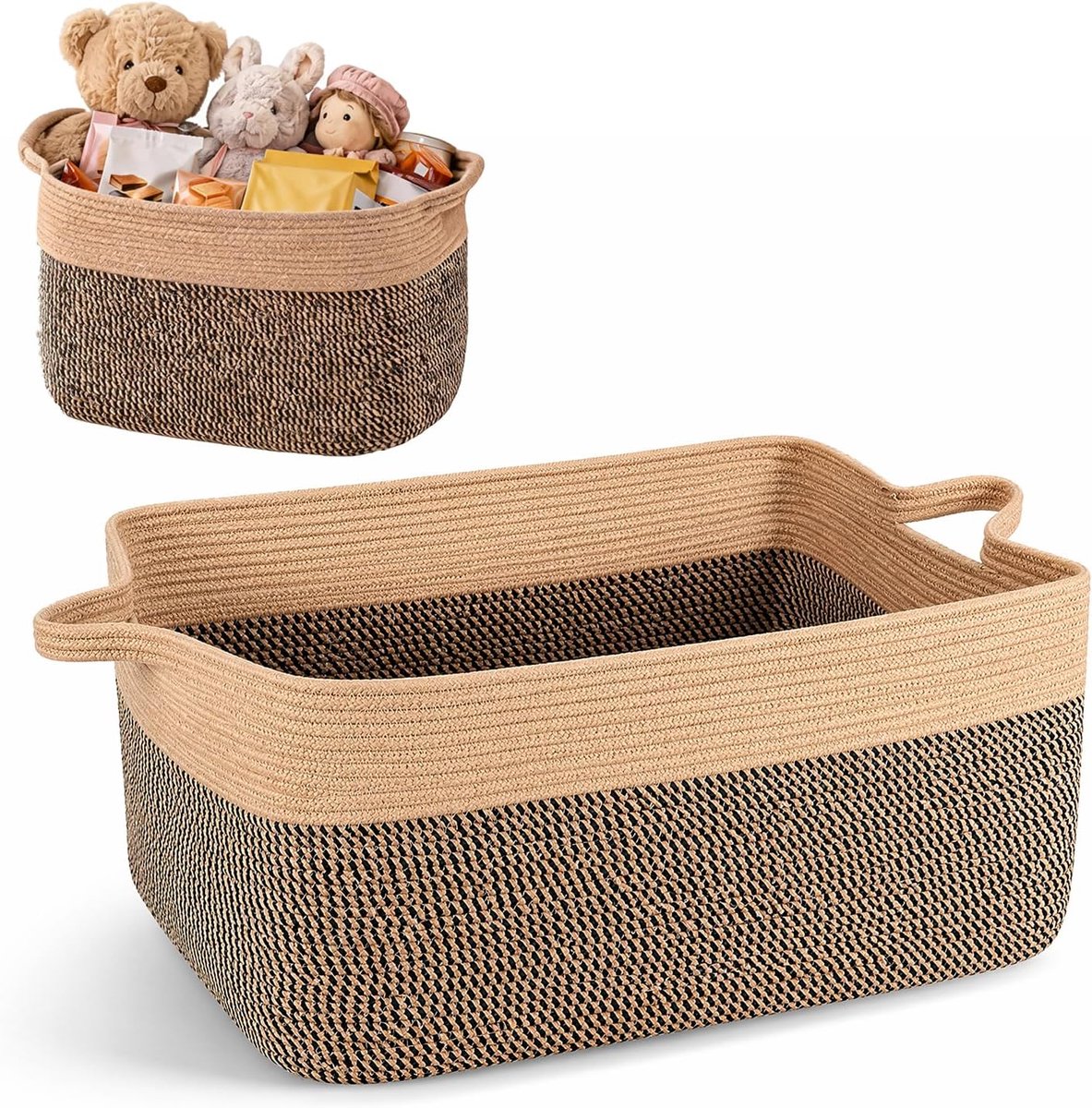 50 l geweven opbergmand, wasmand, 48 x 34 x 28 cm, katoenen touwmand met handgrepen voor speelgoed, dekmand voor woonkamer, slaapkamer (natuurgrijs en donkergrijs)