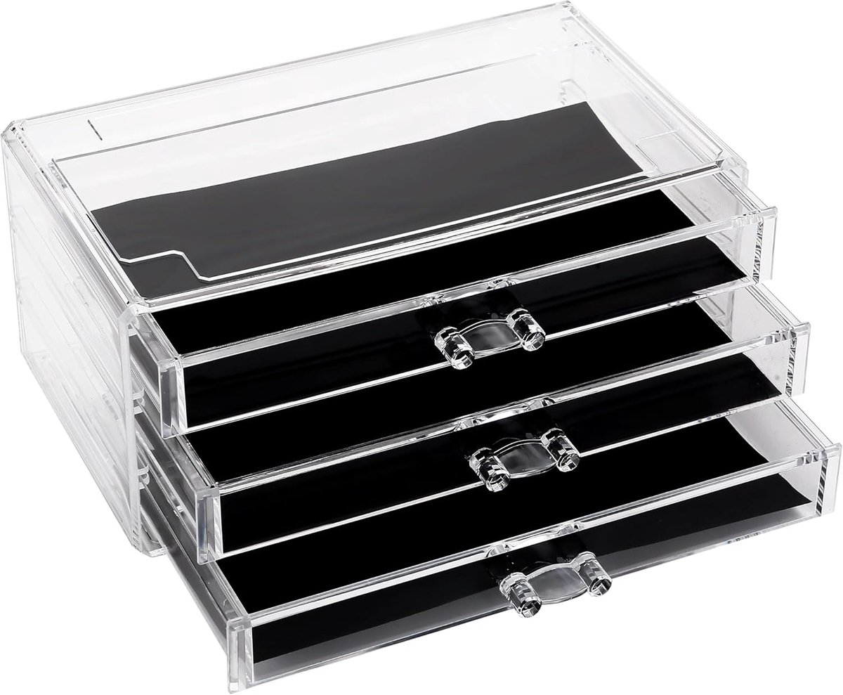 Team Transparante make-up organizer met laden, acryl kunststof cosmetische vitrine, sieraden opbergdoos, houder voor dressoir, badkamer, ijdelheid, aanrecht (3 laden)