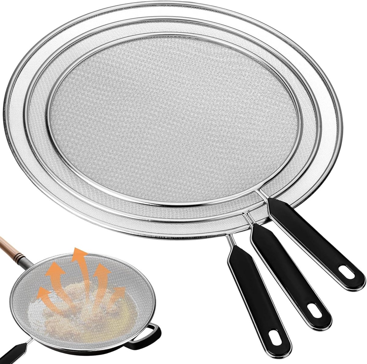 3 stuks spatbescherming pannen met handgreep, 19 cm 25 cm 29 cm diameter roestvrij staal vetspatbescherming keuken braadpannen spatdeksel, spatbescherming tegen vetspatten
