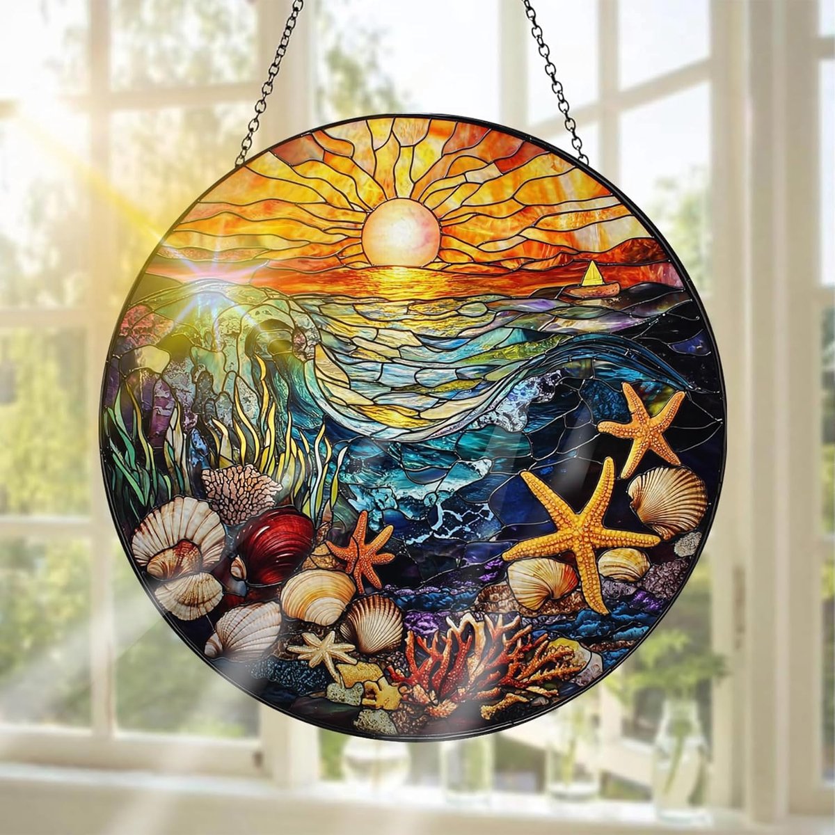 Glas-in-Lood Raamdecoratie, Ideaal Om Het Raam Mee Te Versieren Zonsondergang - Handgemaakte Raamdecoratie Voor Tuin, Raam, Binnen En Buiten, Kerstfeest, 20 X 20 cm