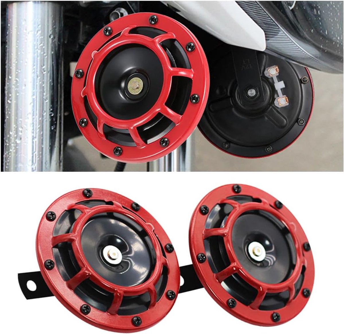 Set van 2 12 V hoog- en woofer boogluidspreker, claxon, superluide metalen toeter, rood