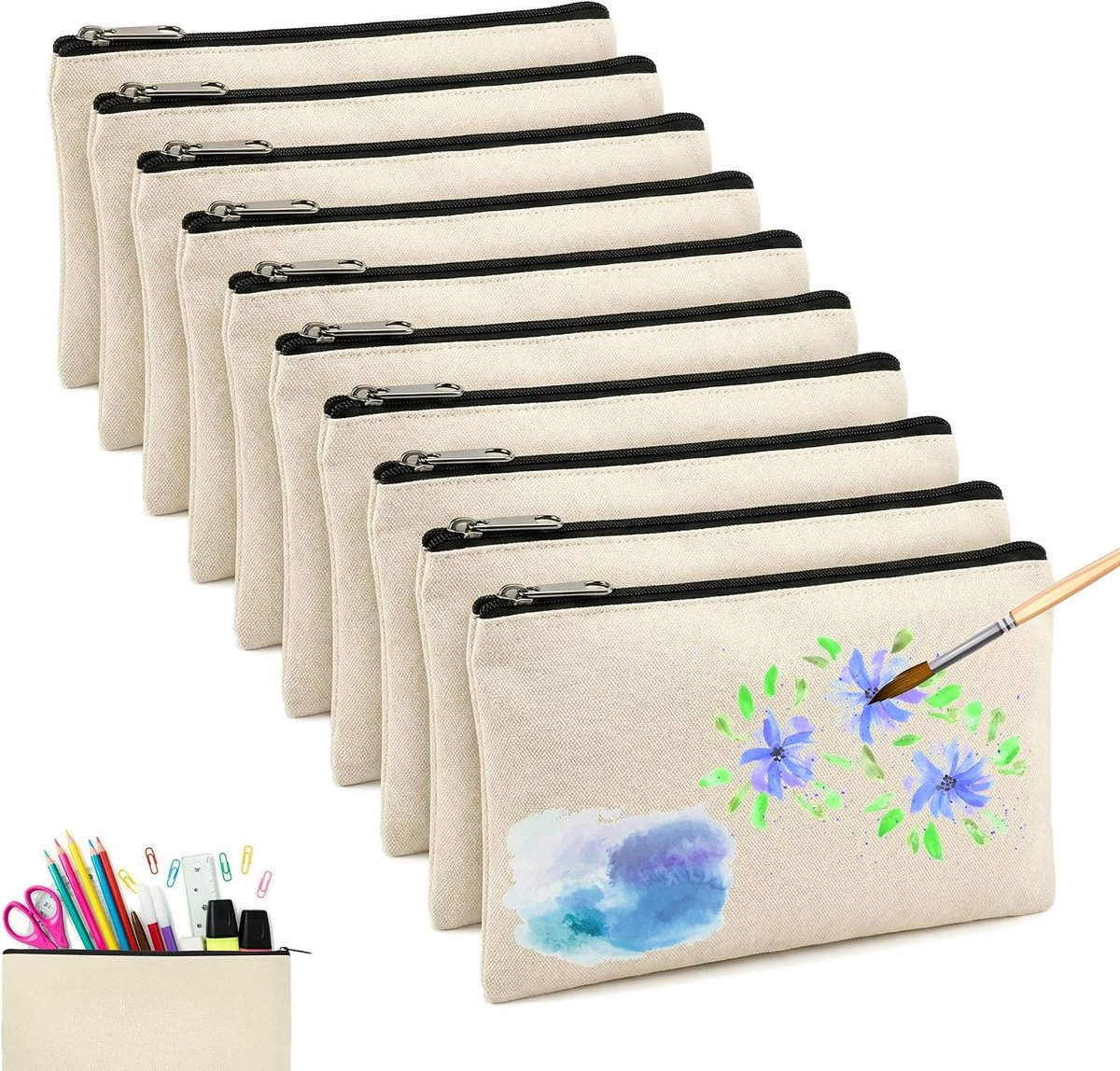 10 stuks blanco stoffen zakjes, stoffen zakjes om te beschilderen, stoffen etui om te beschilderen, cosmeticatas met ritssluiting, multifunctionele tassen voor het beschilderen van make-up, kantoor