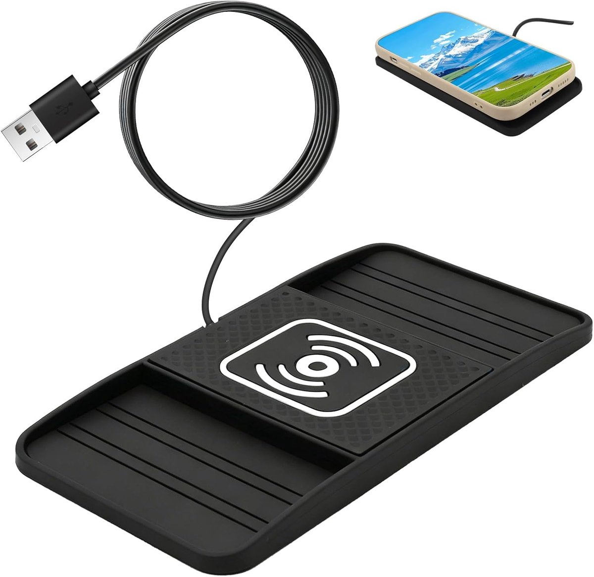 Draadloze oplader auto met dubbele inkeping ontwerp antislip snellaadmat met USB-kabel 1 m voor iPhone17 16 15 14 13 12 11 X SamsungS24/S23
