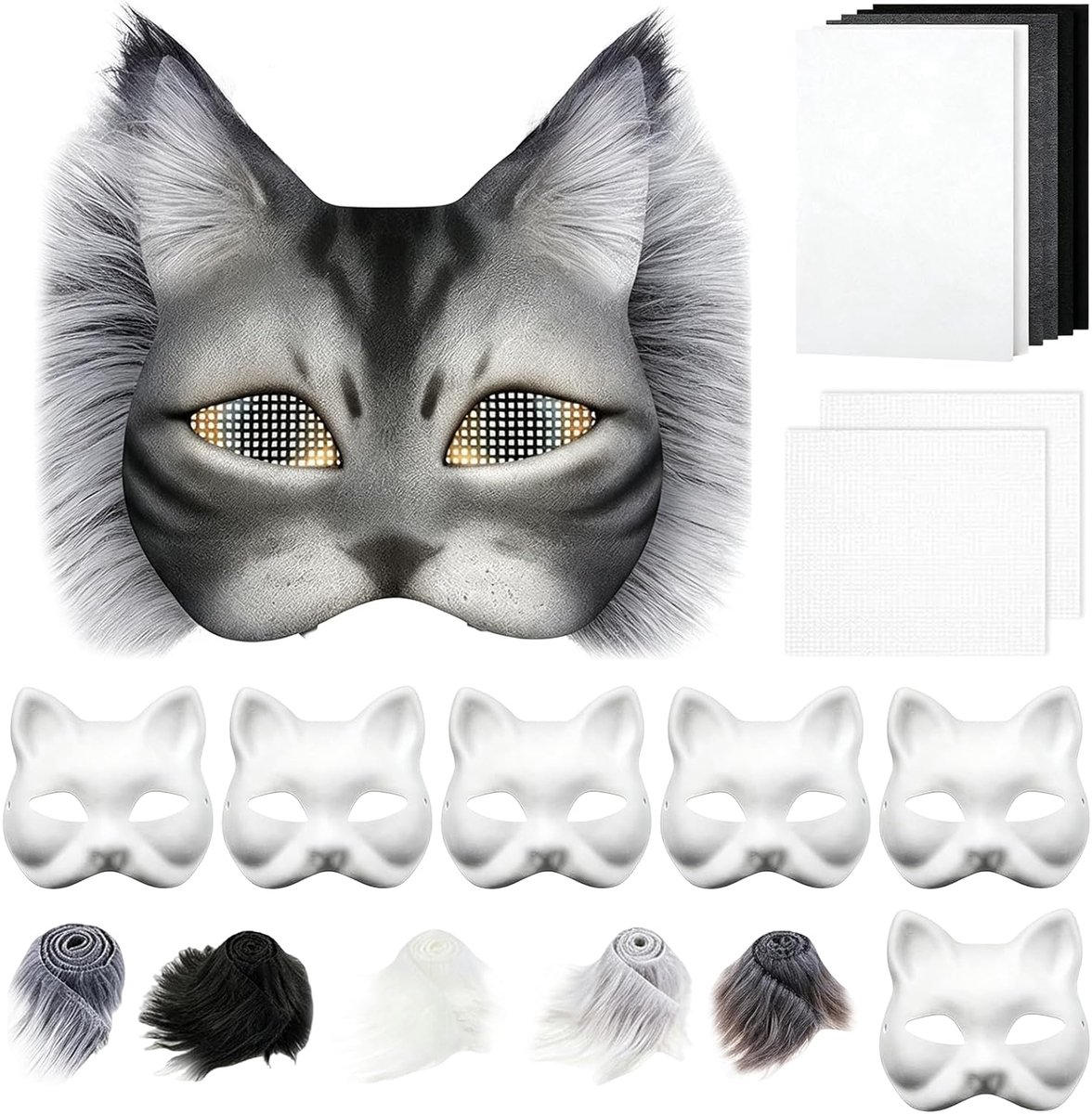 Maskers Doe-het-zelf set, 6 stuks, papieren Therian-masker met kunstbont, oognet en viltdoek, lege halfgelaats-kattenmaskers om te knutselen voor Halloween, maskerade, gemaskerd bal
