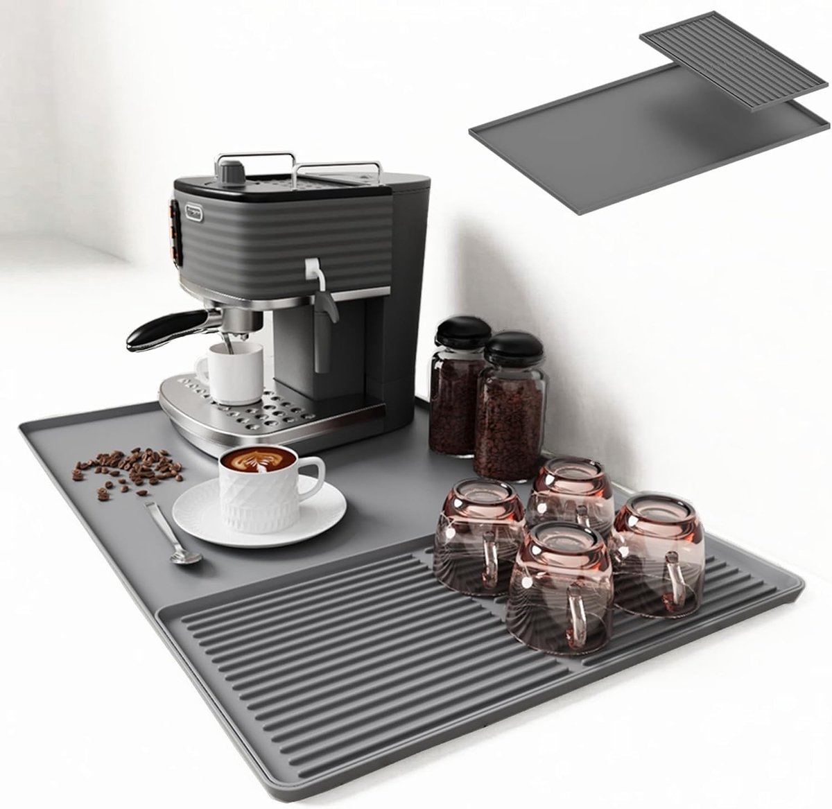 Siliconen Koffie Bar Mat - 2-in-1 Antislip Droogrek & Hittebestendige Aanrechtbeschermer voor Koffiemachines, Vaatrekken, Blenders (Grijs)