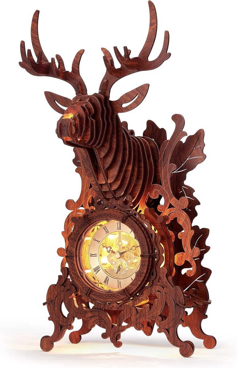 LED 3D houten puzzel hertenklok, 3D puzzel elandklok gebouwmodel, wooncultuur 3D-puzzel voor volwassenen / jongeren (hout, geel licht)