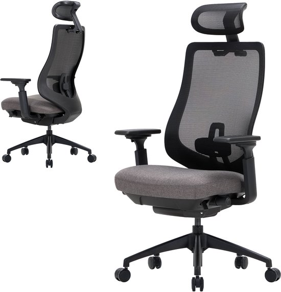 Grijze ergonomische bureaustoel met mesh rugleuning en hoofdsteun, in voor- en zijaanzicht.