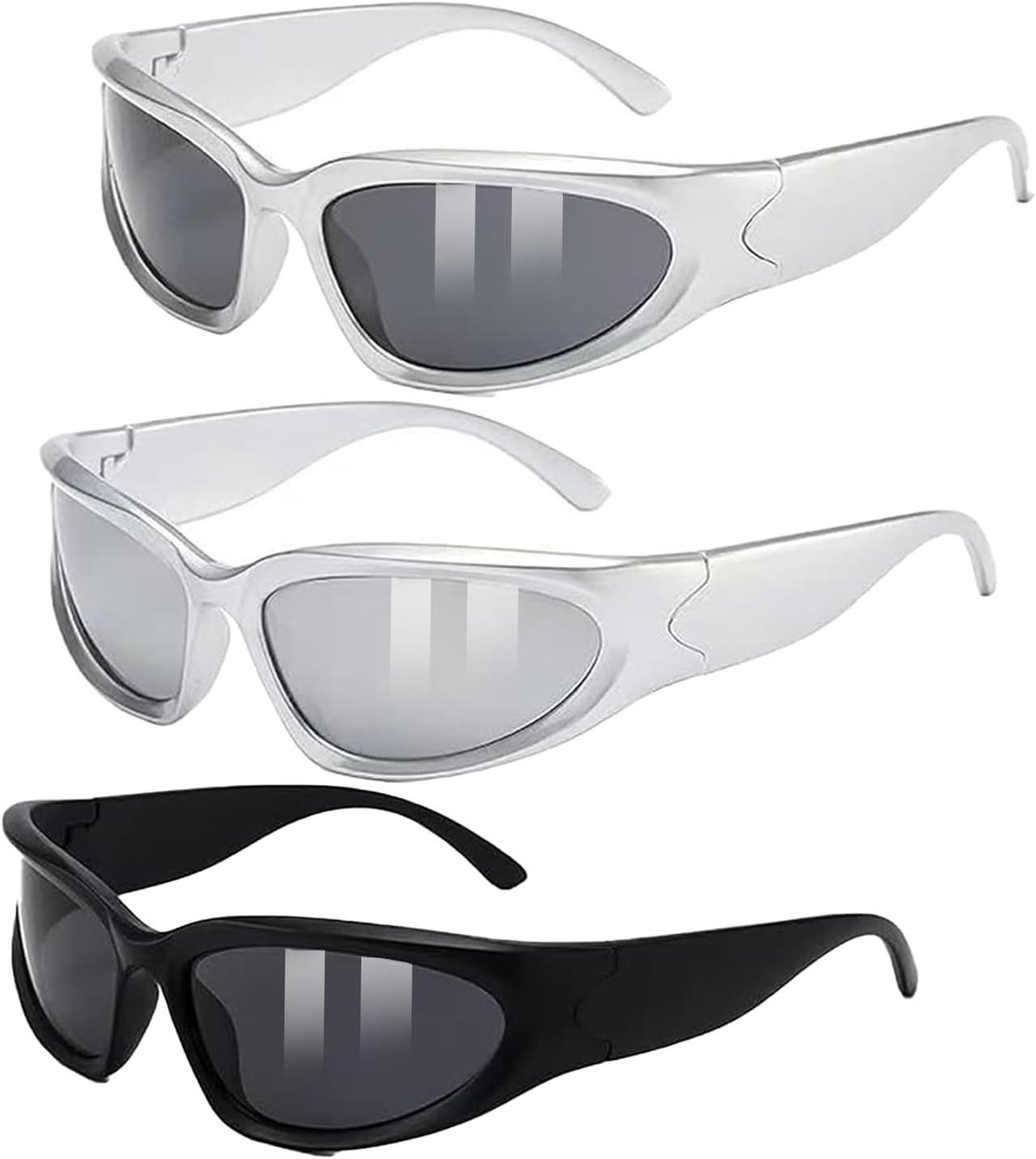 retrobril voor dames en heren, 3 stuks, rave-bril voor feestjes en muziekfestivals, Y2k accessoires, futuristische zonnebril, lichtgewicht wrap-around UV400 fietsbril, 3