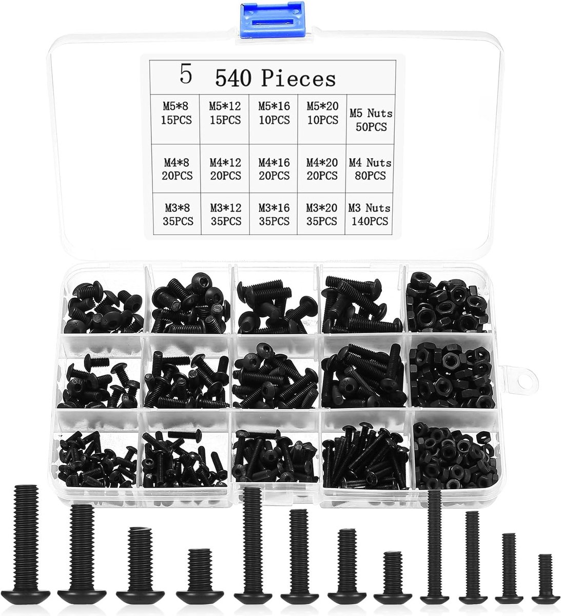 540 stuks M3, M4, M5 schroevenset, ronde kop, binnenzeskantschroeven, moeren, zwart, assortiment voor automeubels, fietsschroeven en moeren, set met schroefdraad