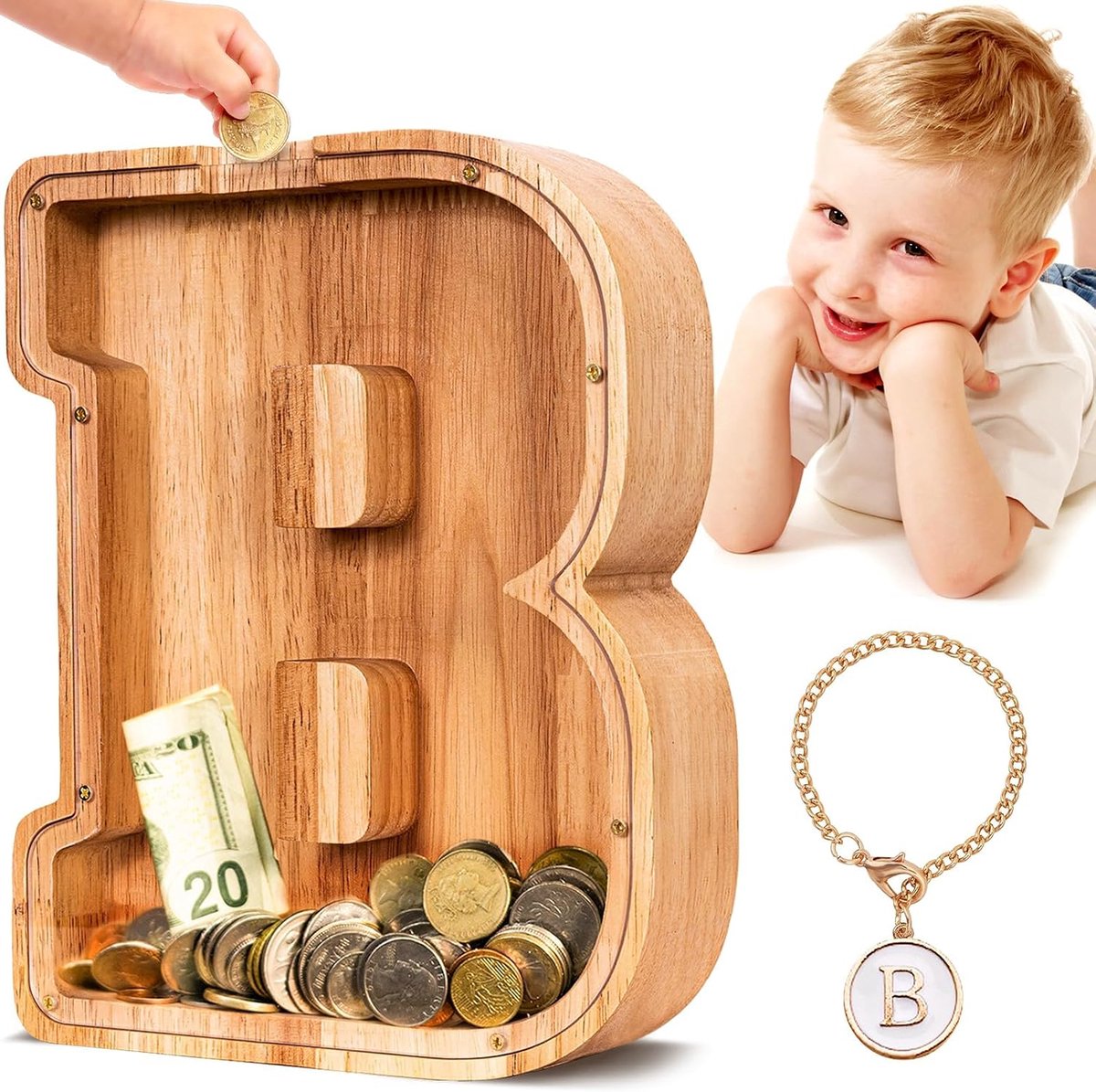 Houten Letter Piggy Bank| Spaarvarken voor Jongens Meisjes Peuter | Alfabet B Money Bank| Coin Bank Verjaardagscadeau voor kinderen|Kindercadeau (Initial-B)