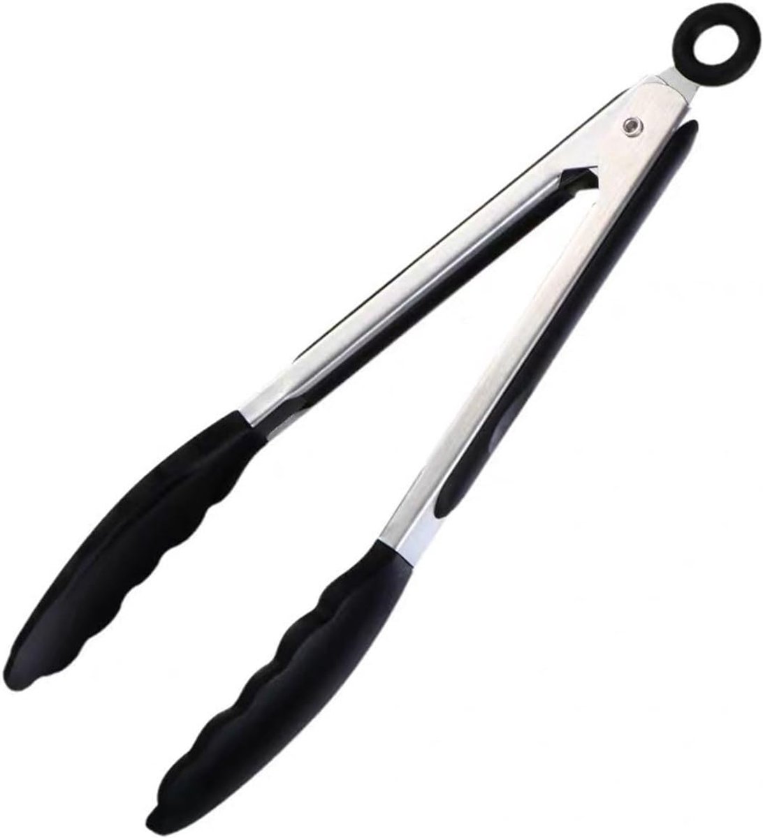 tang - 21cm - Siliconen - Vleestang - Vergrendelbaar - Keukentang - Serveertang - Zilver met zwart - 1 stuk - Jonyx