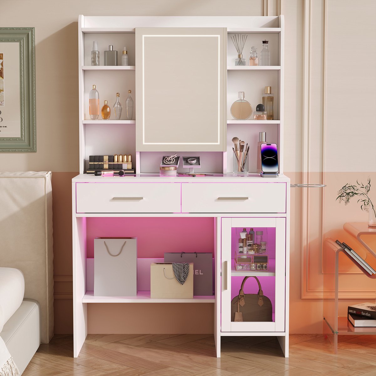 Kaptafel 90x40x145 cm, make-up tafel met led spiegel, glazen blad, 2 lades en kastdeur, inclusief föhnhouder, witte slaapkamerkast