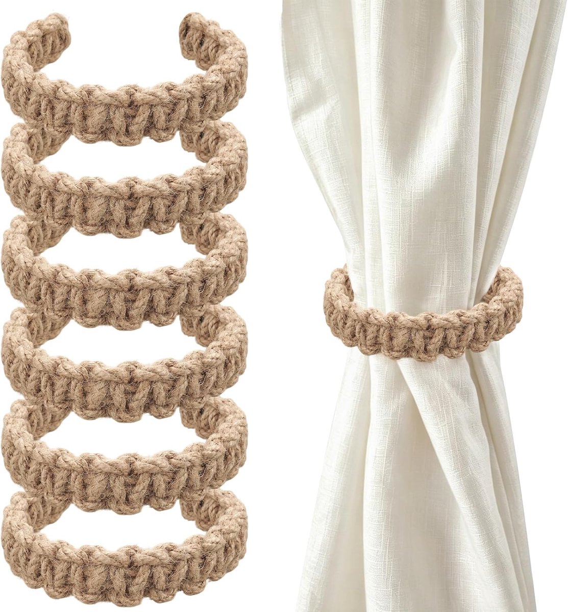 6 stuks gordijnhouders, natuurlijke kleur, gordijnhouders van linnen, boho-gordijnhouder voor thuis en buiten