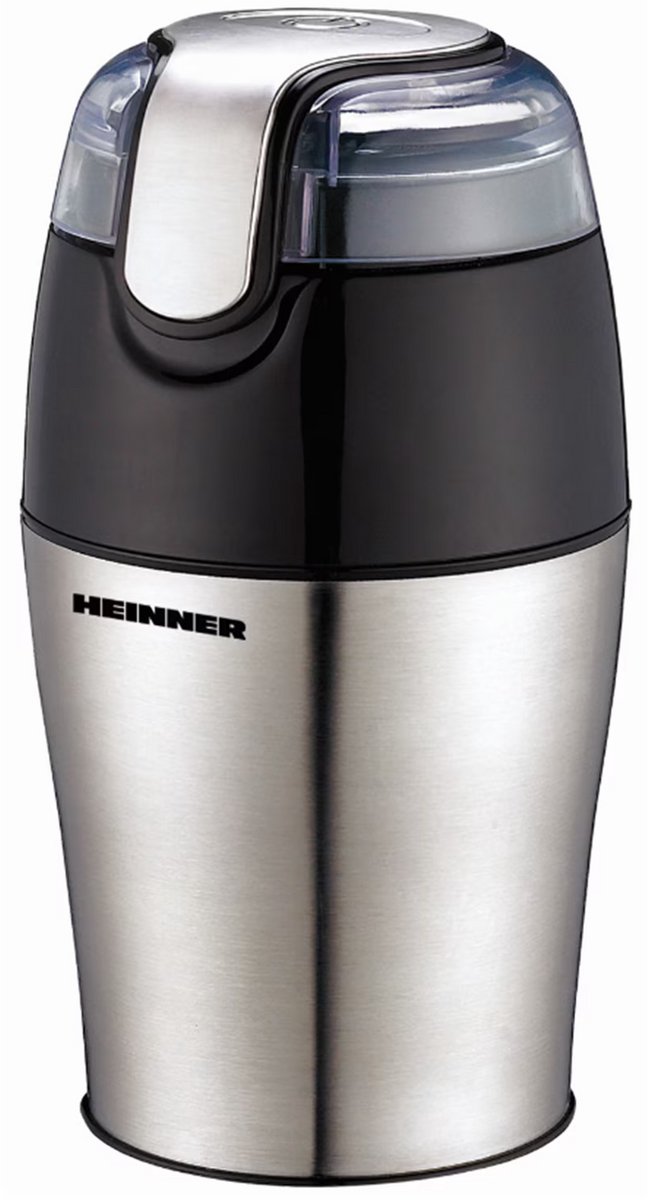 Heinner Elektrische Koffiemolen – 150 W – Capaciteit 50 g – RVS Maalmes – Pulsbediening – Transparant Vergrendeldeksel – Snoeropberging – RVS Zwart