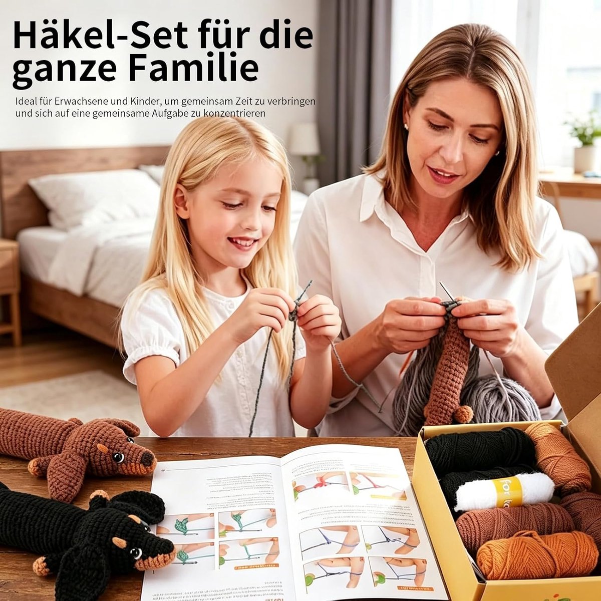 Haakset voor beginners, dierenkit met teckel, complete garenset met haaknaalden, accessoires en stapsgewijze video, beginnersset teckel