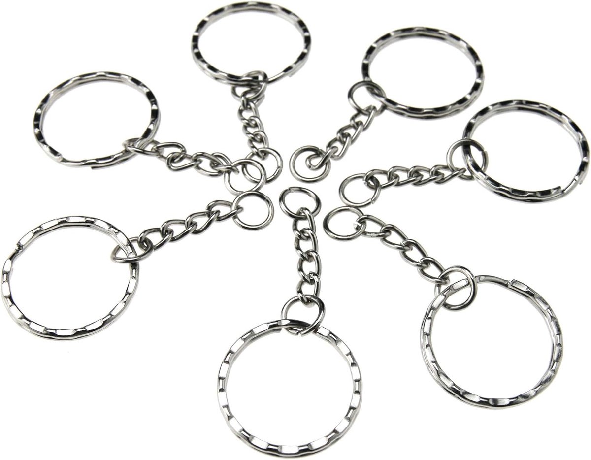 Sleutelringen, leeg, 55 mm, zilverkleurig, ketting met 4 schakels, 50 stuks