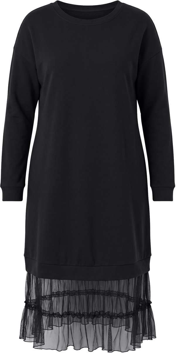 MIAMODA - Dames - Midi-sweatjurk oversized met mesh-volants aan de zoom - Zwart - Maat 44