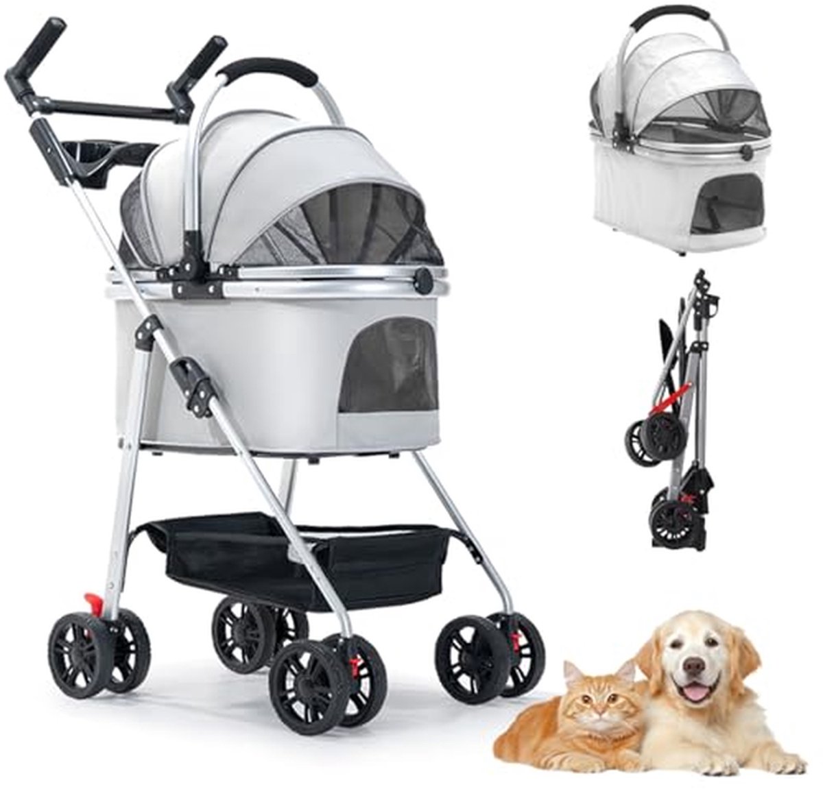 Huisdierenwagen 3-in-1 - Hondenbuggy Transportbox - Veilig Vervoer - Afneembare Drager - Tot 20kg - Grijs