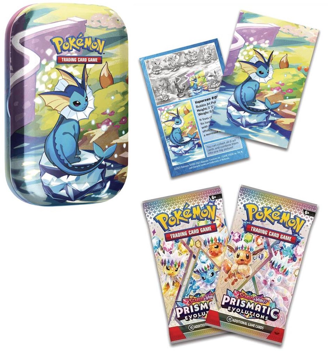 Pokémon Kaarten - Prismatic Evolutions - Vaporeon Tin - 20 Kaarten Totaal - 2x Booster Pack + Bewaardoosje + Art Cart + Eevee Coin - Scarlet and Violet - Pokemon Cards - TCG - Box - Bundle - Pokemon Speelgoed - Scarlet en Violet - Prismatic Evolution