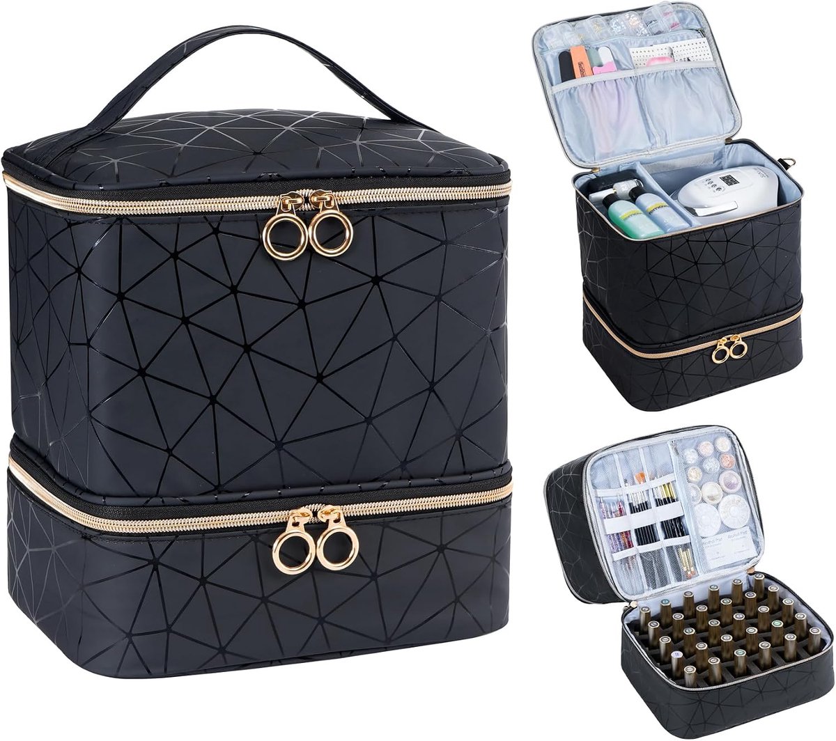 Nagellak-organizer voor 30 nagellakflessen en 1 led-nagellamp, opbergtas voor nageldesign, accessoires (zwart)