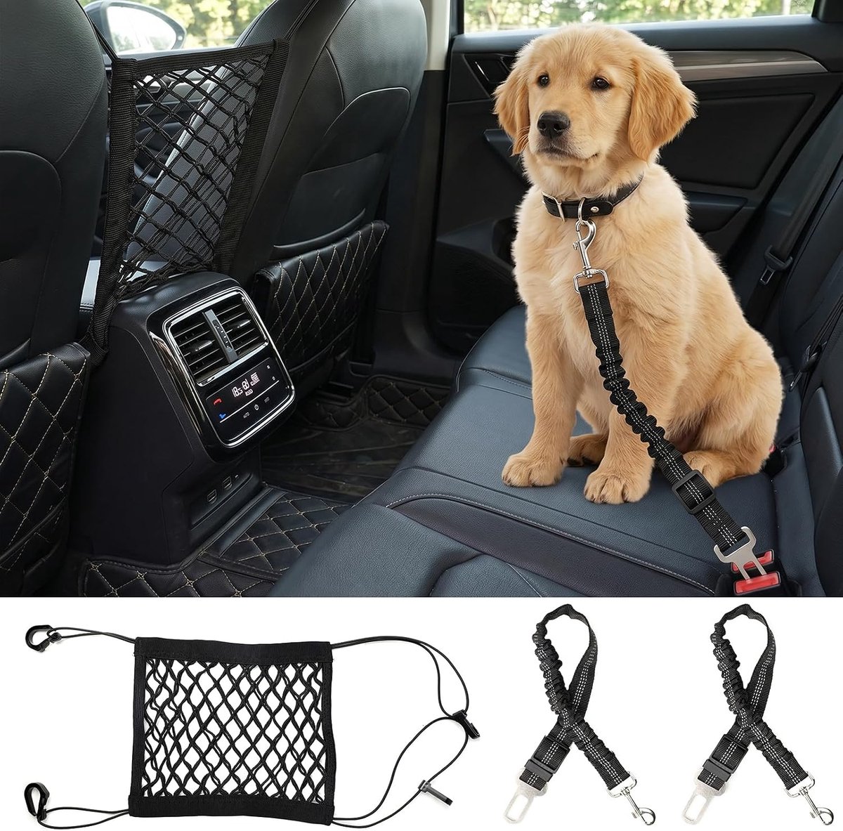 2 stuks hondengordel voor in de auto + 1 huisdierbarriere autonet, verstelbare veiligheidsgordel met elastische schokdemping en karabijnhaak, voor honden, katten en alle autotypes, zwart