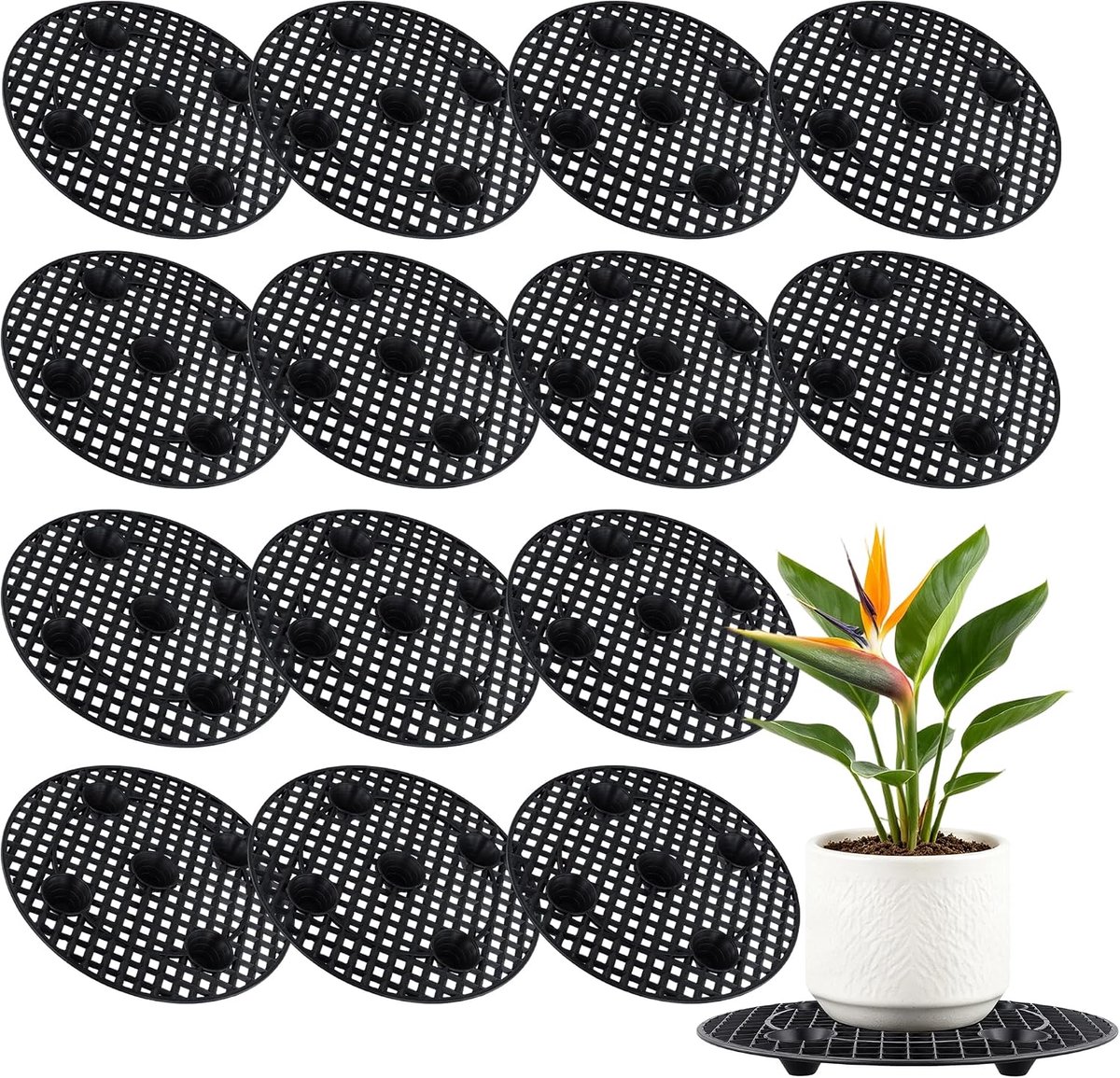 Plantenstandaard, 12 stuks, 30 cm, rond, plantenbeschermingsrooster, drainagerooster, kunststof bloempot, mesh pad, rooster voor binnen en buiten, tuin