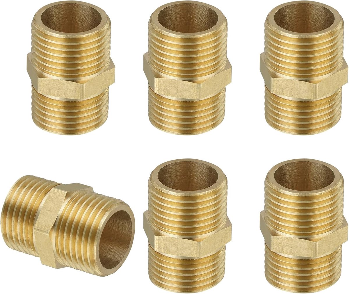 6 stuks messing kraanventielverbinding, G1/2 inch messing dubbele tepelconnector (Ø20 mm), dubbele tepeldraadfitting aansluitstuk geschikt voor drinkwater