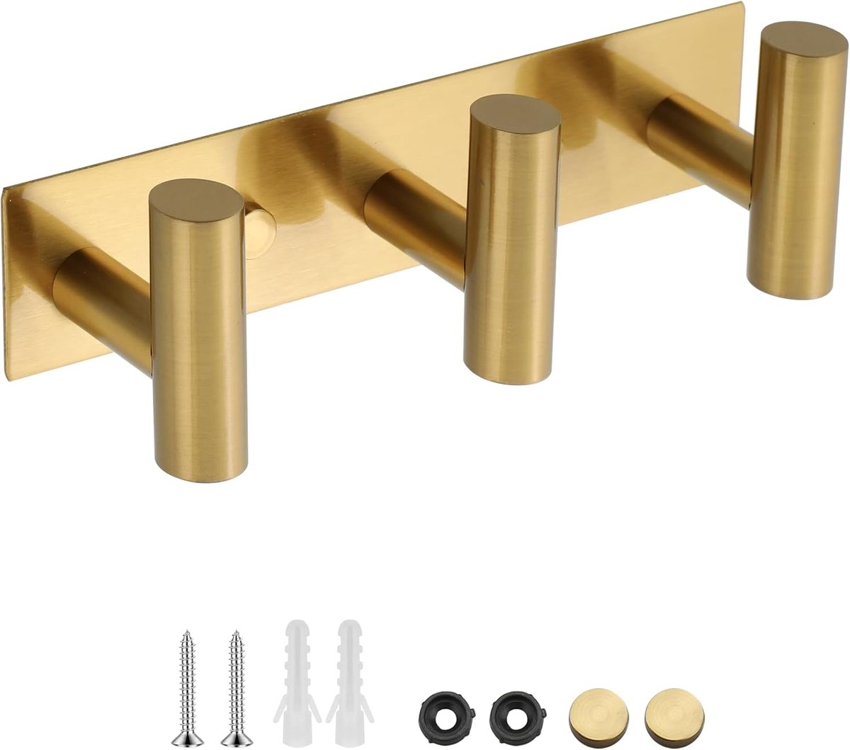 Garderobe met 3 haken, 20 cm, kledinghaak 304 roestvrij staal, haaklijst voor hal, slaapkamer en badkamer, 2 bevestigingsmogelijkheden, lijmen of boren, goud