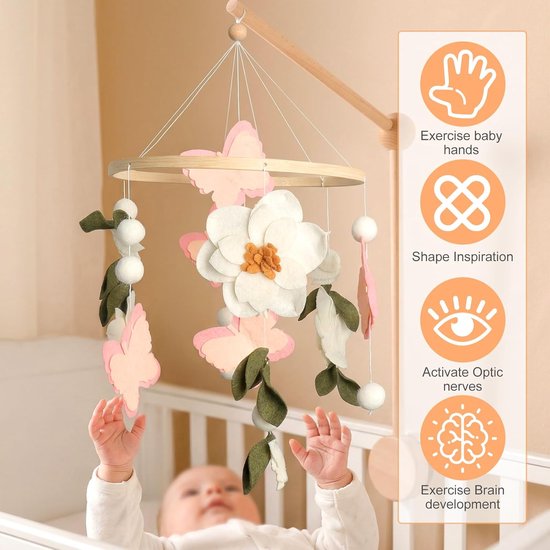 Mobiele vilten hangdecoratie, windgong, mobiele vilten decoratie met vlinder, bloemen en bladeren, mobiele babybed, aankleedtafel voor bed, babymobiel, 22,5 cm, vilten hanger, kamerdecoratie — afbeelding 3