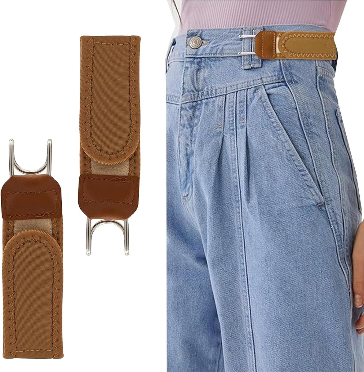 2 stuks gesploze riem, bruin, elastische riem zonder gesp voor heren en dames, buckleless riem met metalen haak, verstelbare klittenbandsluiting, onzichtbare elastische riem