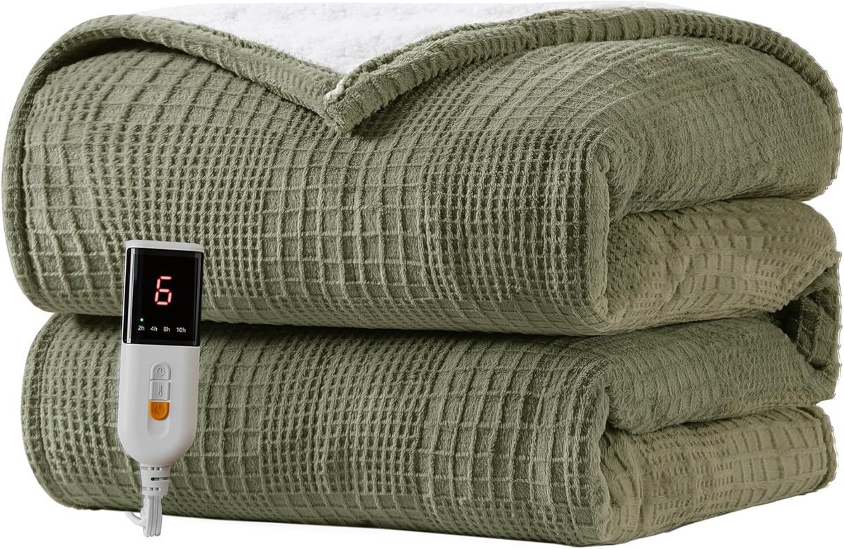 Elektrische Deken 130x160cm,9 temperatuurstanden,Grijsgroen | Elektrische Warmtedeken 2-10 uur Automatische Uitschakeling,Digitale Afstandsbediening, MachineWasbaar,Ideal voor Bed