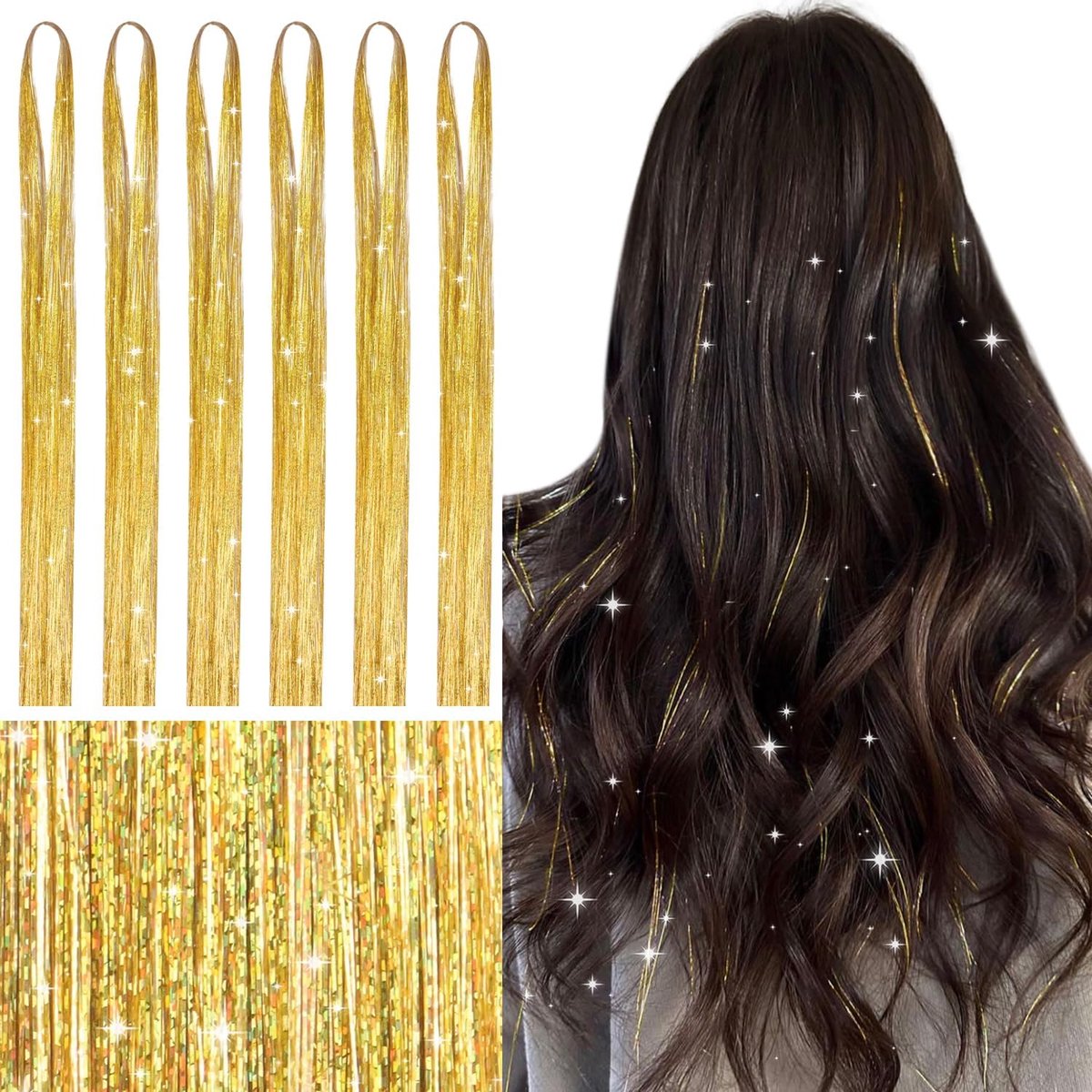 Hair Tinsel Kits Glitter haarlokken, lametta, Champagne, 120 cm, gekleurd haar, lametta, haarstrengen om in te vlechten, haarstukje met voor meisjes en vrouwen, feestaccessoires voor