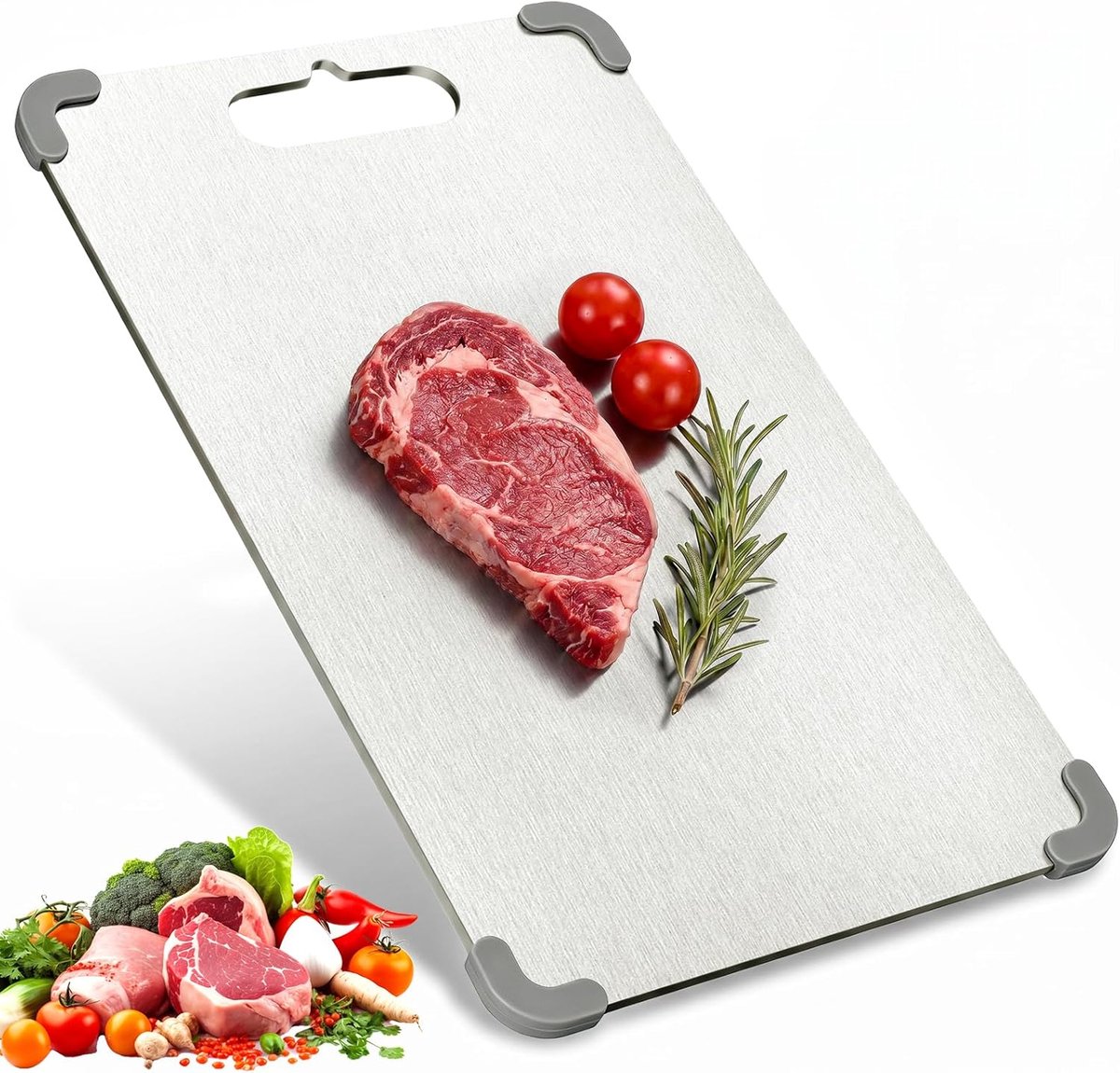 snijplank, 1,5 mm extra dikke snijplank van roestvrij staal met siliconen rand, antislip en mesvriendelijk, 2026, dubbelzijdig titanium snijplank voor keuken, 34 x 23 cm