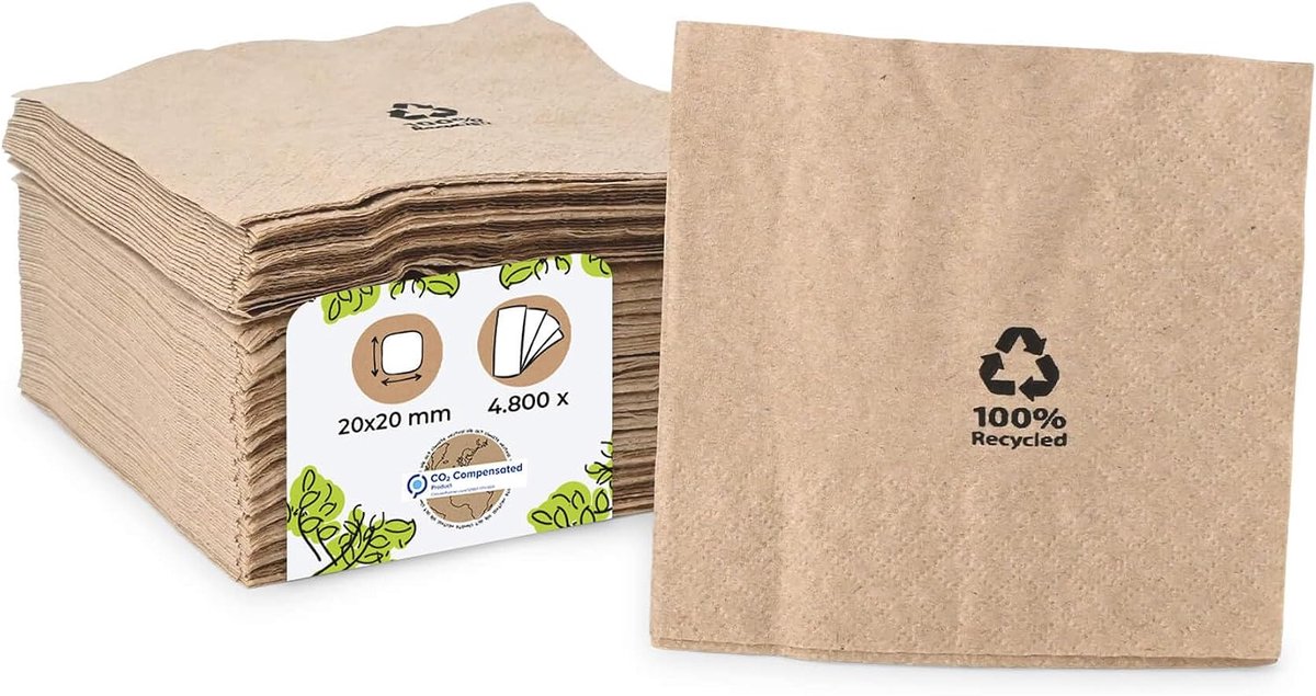 Milieuvriendelijke biologische servetten van gerecycled papier, hoogwaardige papieren servetten 20 x 20 cm, 4800 stuks cocktailservetten ongebleekt, biologisch afbreekbaar, composteerbaar