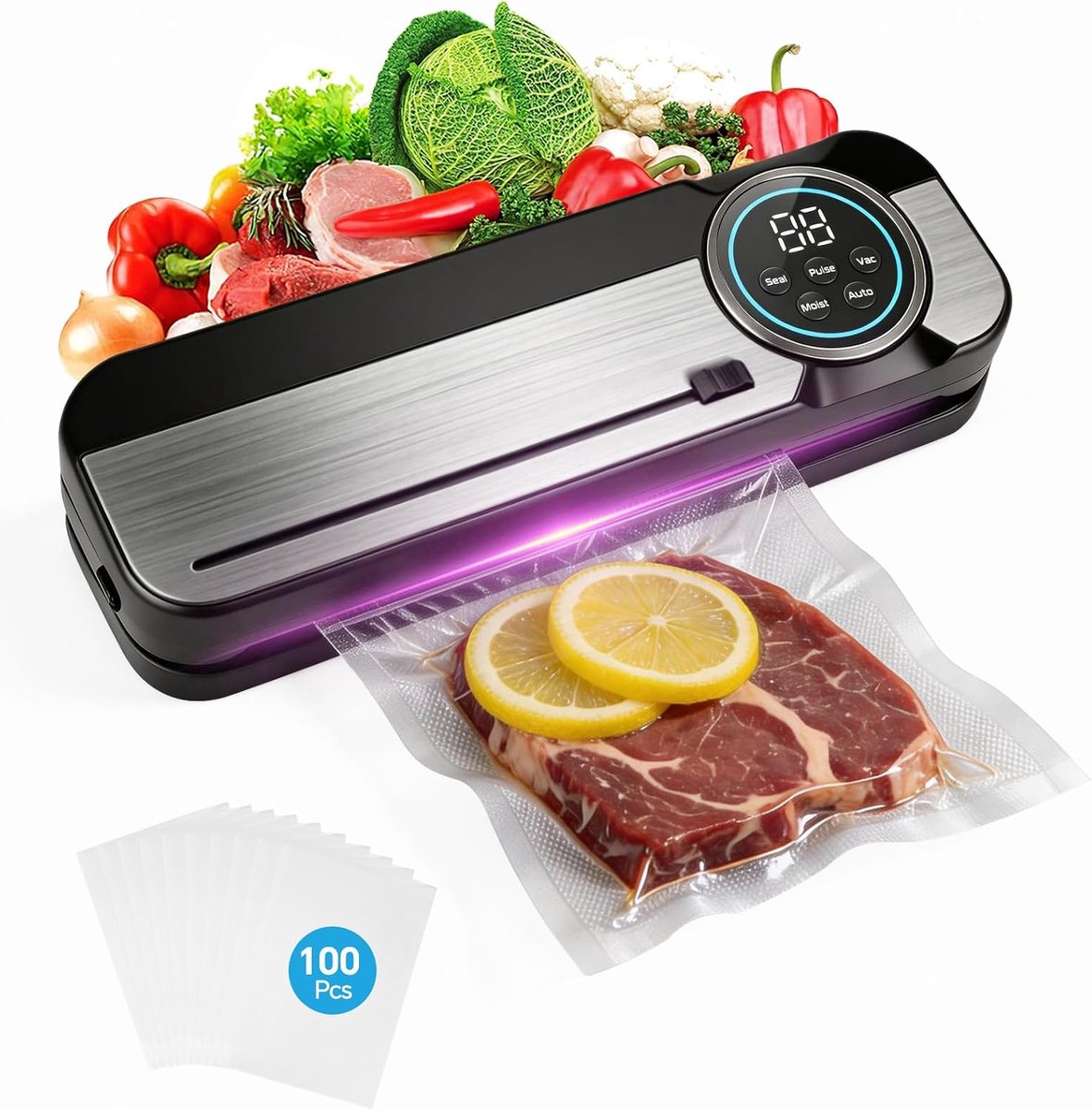 All-in-1 Vacumeermachine incl. 100 BPA-vrije Zakken - 120W Volautomatisch Vacuümapparaat voor Droge & Vochtige Voeding, 75kPa Sealapparaat met Cutter voor Sous-Vide & Potten, PWM