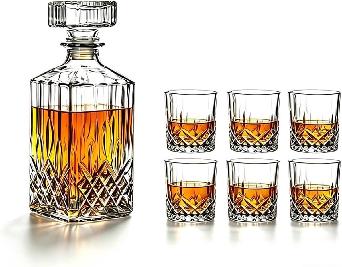 karaf en glazen set 7-delig, 750 ml karaf met siliconen sluiting en 6 x 220 ml whiskyglazen, kristalglas, vaatwasmachinebestendig, cadeau voor mannen