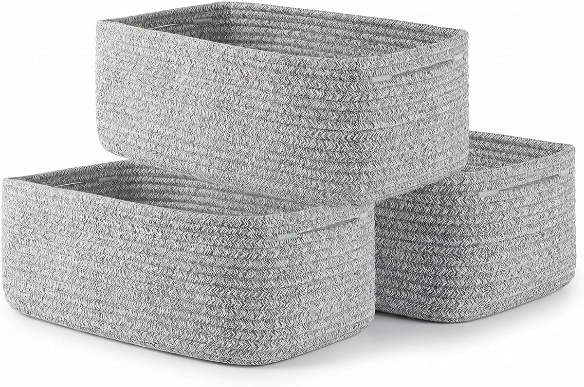 Set van 3 opbergmanden, gevlochten katoenen touw, 33 x 20 cm, opbergmanden met handgrepen, stapelbare, multifunctionele organizer, gevlochten mand voor opbergkubussen (grijs)