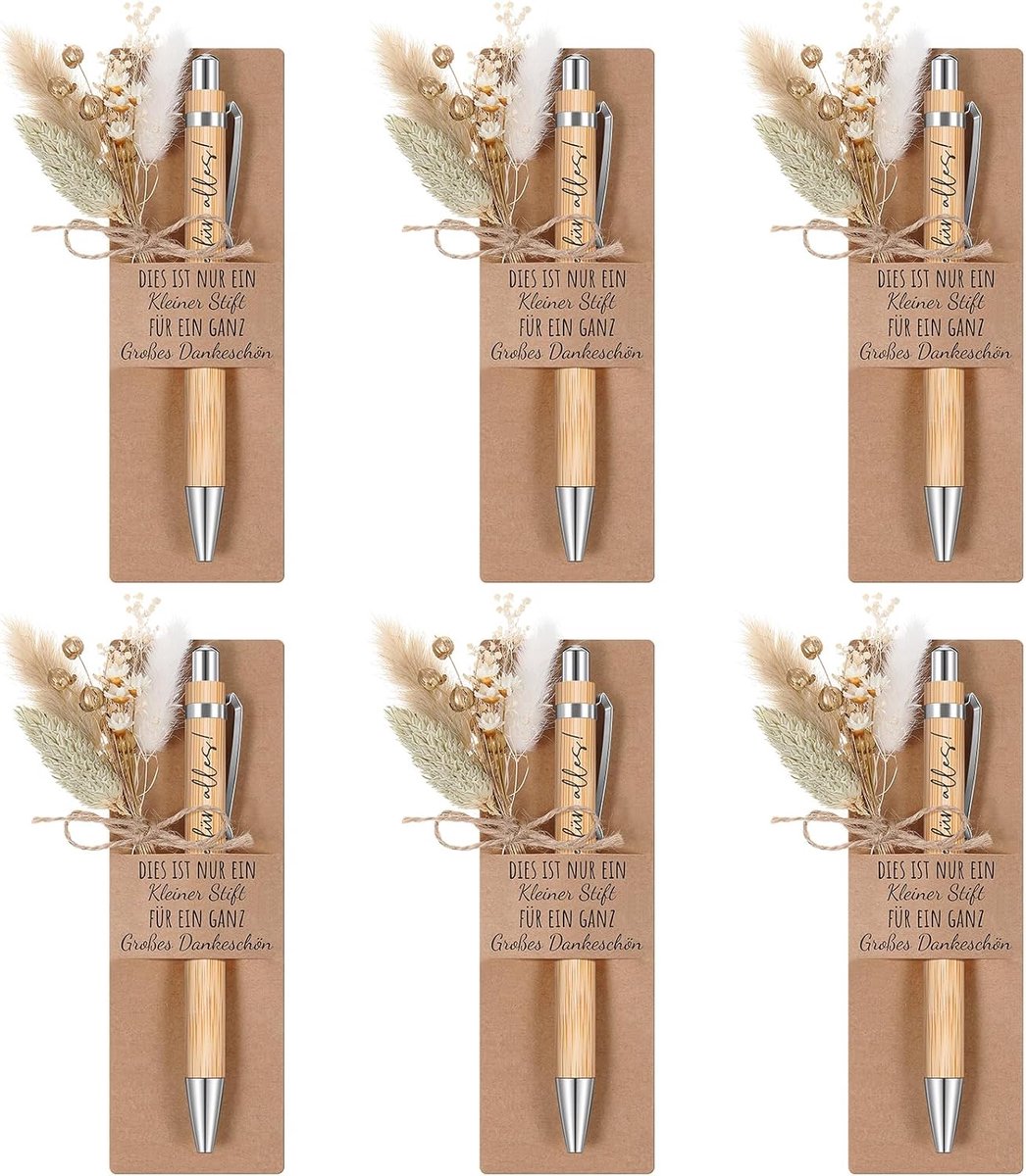 Cadeaus Inclusief Houten Balpen Met Gravering Boeket Van Echte Gedroogde Bloemen Papieren Penhouder voor afscheidscadeau Leraar Collega Vriend(6 Sets,Großes Dankeschön)