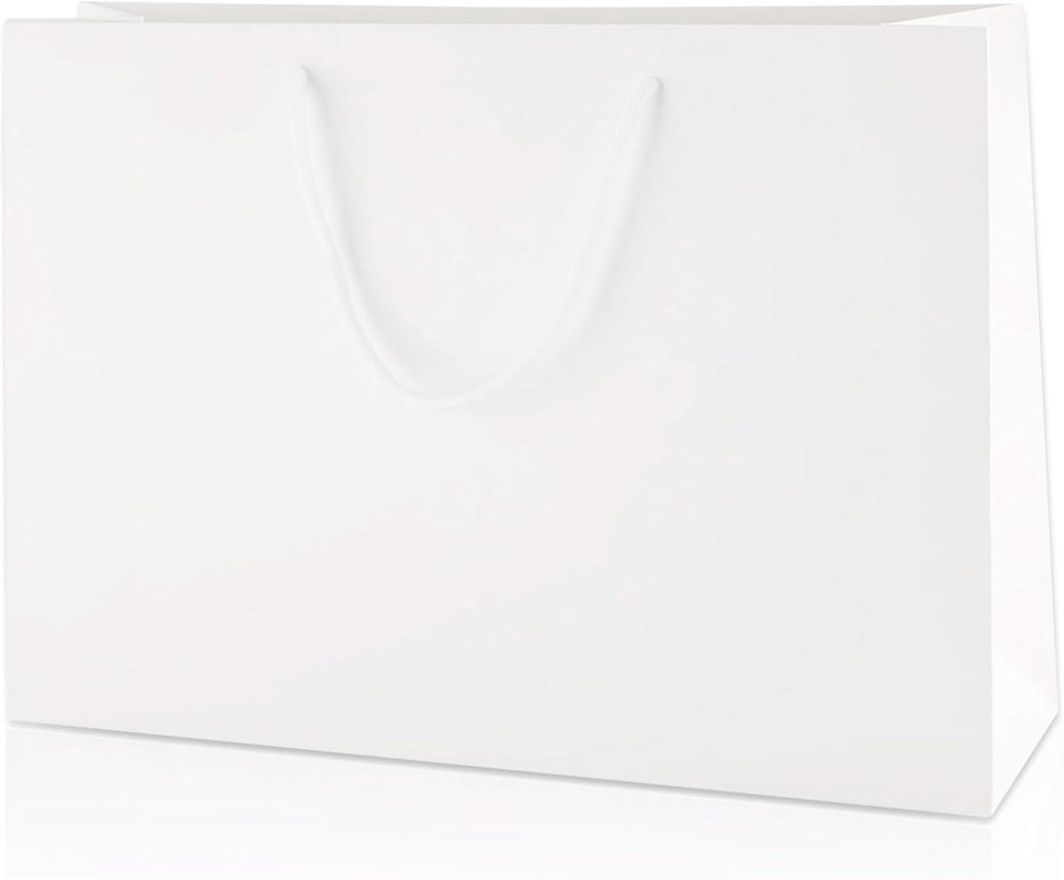 10 Wit Luxe Papieren Cadeauzakjes met Matte Afwerking en Touw Handvatten - Groot 400x130x300mm | Luxe gelamineerde geschenkzakjes met touwgrepen en versterkte bodem voor geschenken, winkels en evenementen.