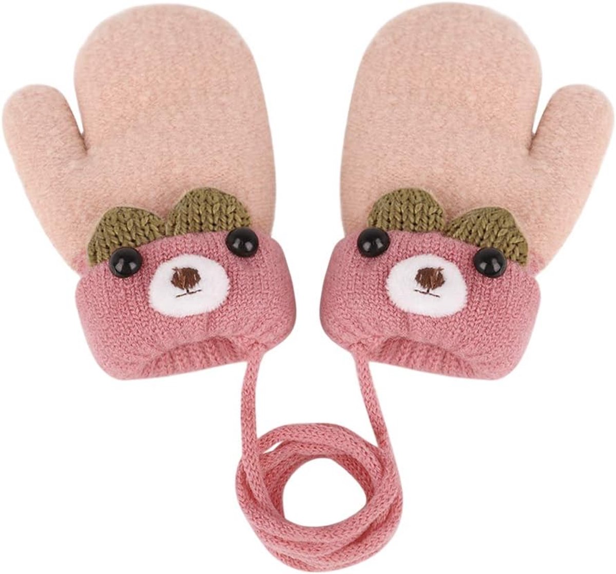wanten voor baby's en peuters, gebreide handschoenen voor 1, 2, 3, 4, 5, 6 jaar, jongens en meisjes, winter, warme gebreide handschoenen met koord, fleece binnenvoering, roze