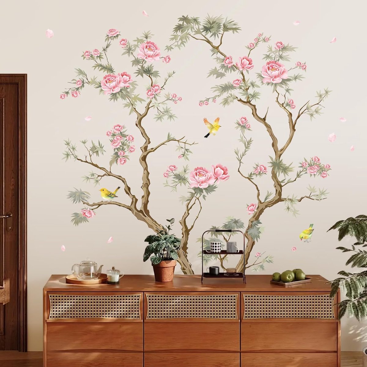 Muursticker bloemen roze groot, muursticker bloemenboom vintage, zelfklevende muursticker voor woonkamer slaapkamer bank hindergrond